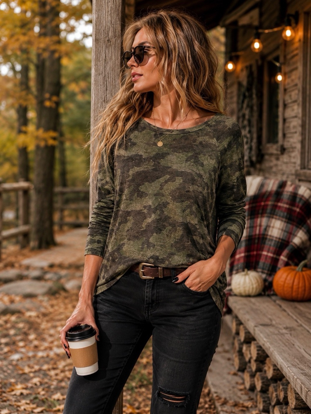 American Eagle Soft Camo Long Sleeve Tee Green Brown XS